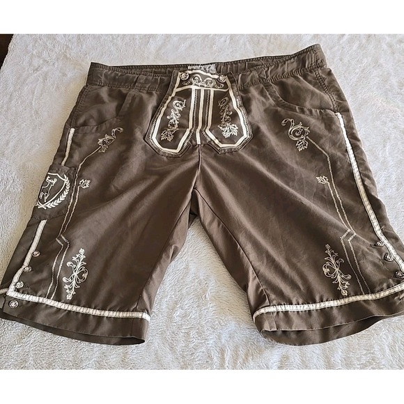 Landhaus Lederhosen German Swim Trunks Brown Size L Paisley Design Button Accent - Picture 9 of 16